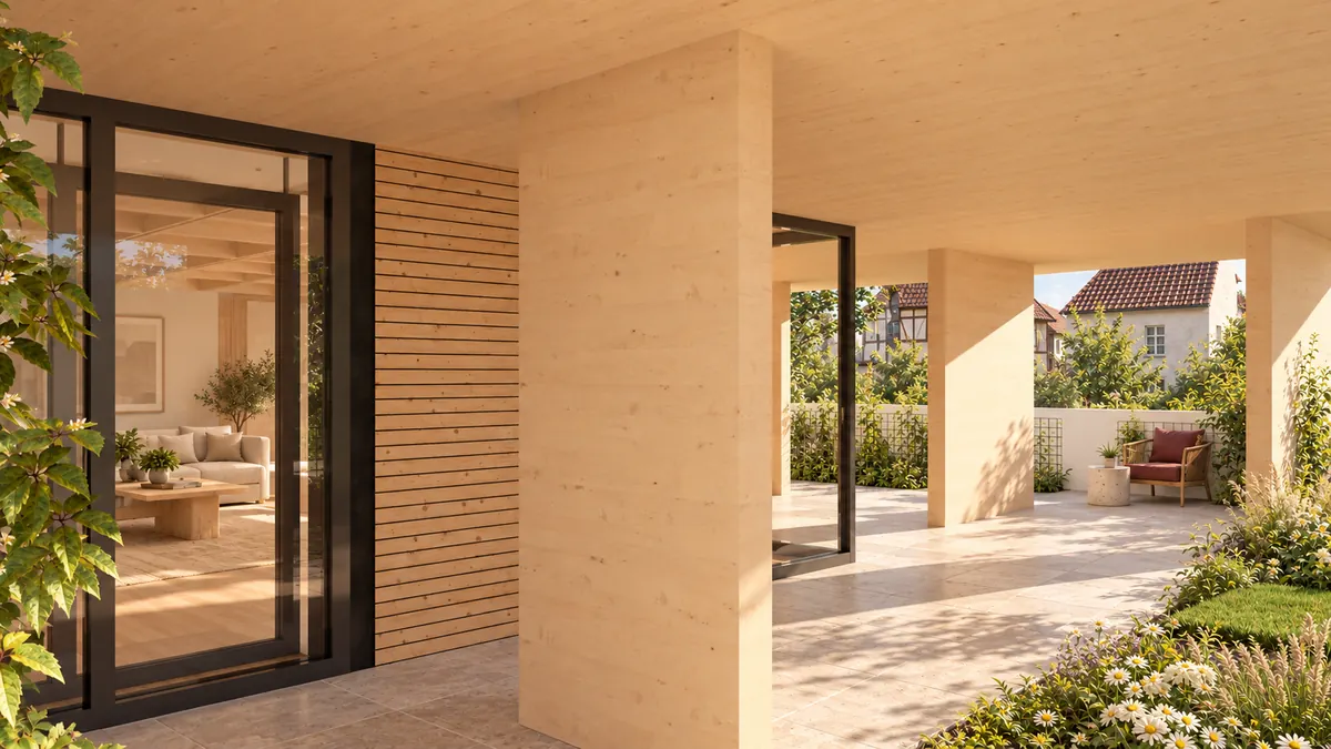 Eine überdeckte Terrasse zwischen Wohnraum und Garten: links die Glastür in den Wohnraum neben einer Lattenwand, in der Mitte eine helle Wandscheibe aus Brettsperrholz, rechts der Blick auf die Nachbardächer und ein Sessel im Grünen.