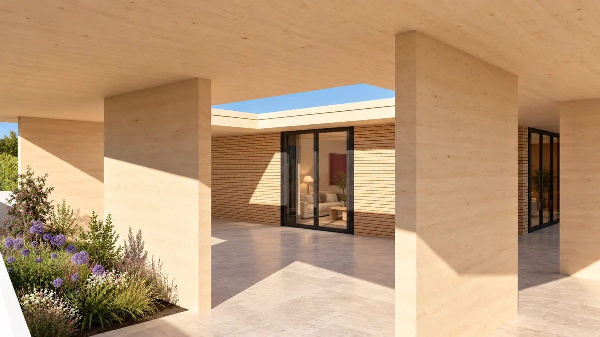 Ein Hof zwischen hohen Wandscheiben aus Holz: in der Mitte eine Öffnung zum Himmel, dahinter eine Wand aus liegenden Latten mit der Glastür in den Wohnraum, in dem ein Sofa und eine Stehleuchte stehen; links ein Beet mit Zierlauch und Lavendel.