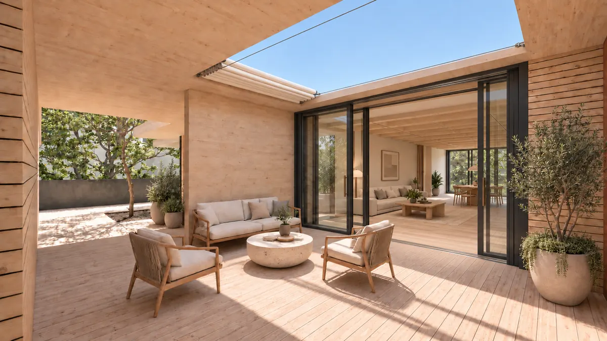 Die eigene Terrasse unter der Holzdecke: ein Sofa, zwei Sessel und ein runder Steintisch auf den Dielen, rechts ein Olivenbäumchen im Topf; durch die geöffnete Schiebetürwand geht der Blick in den Wohnraum, über dem Platz ein Ausschnitt Himmel mit Sonnensegel.