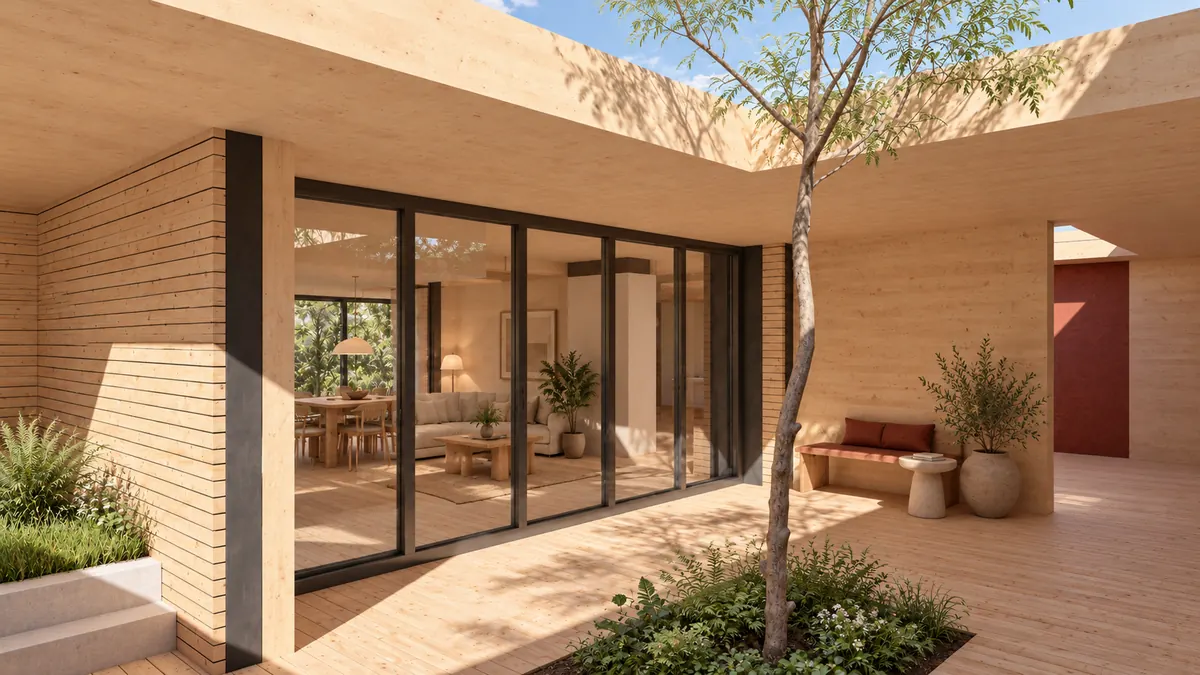 Ein Hof aus Holz unter freiem Himmel: links die Schiebetürwand zum Wohnraum mit Esstisch und Sofa dahinter, in der Mitte ein junger Baum in einem Beet im Dielenboden, rechts eine Bank mit roten Kissen und zwei Töpfe vor der Holzwand.
