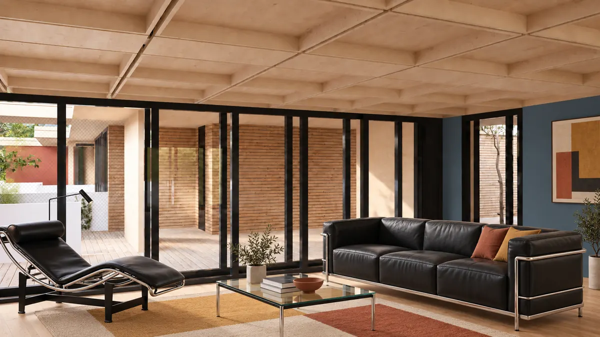 Ein Wohnraum unter der sichtbaren Rippendecke aus Holz: links eine Liege aus Stahlrohr und Leder, in der Mitte ein Glastisch auf einem Teppich, rechts ein dunkles Ledersofa vor blauer Wand; dahinter eine raumhohe Schiebetürwand zur überdeckten Ebene mit Holzdielen und Blick auf die Lattung der Nachbareinheit.