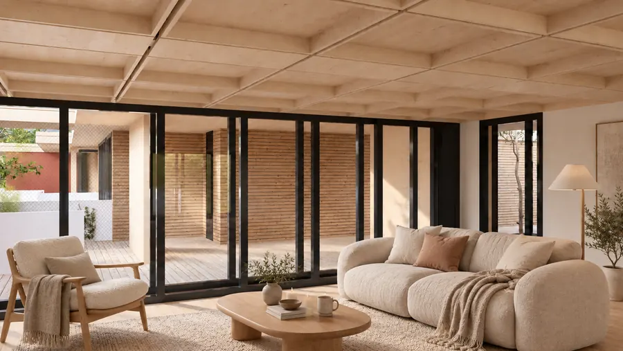 Ein Wohnraum unter der Rippendecke aus Holz: links ein Sessel, rechts ein helles Sofa mit Decke, in der Mitte ein runder Holztisch; hinter der raumhohen Glaswand ein Hof mit Backsteinwand und Holzdeck.