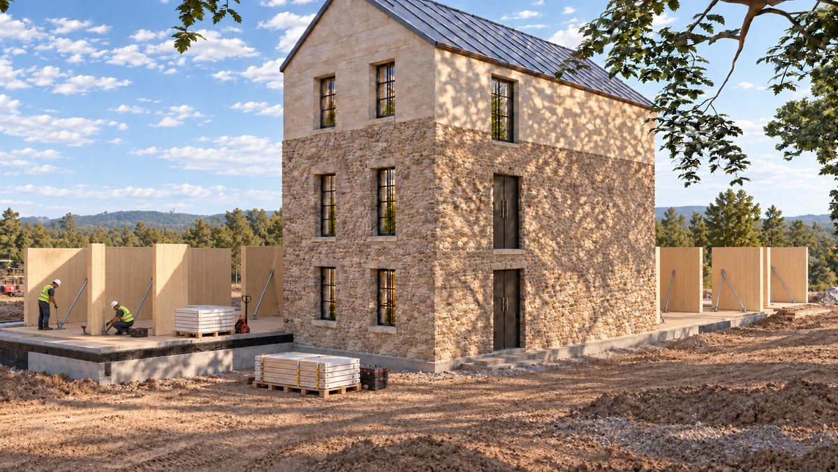 Auf den Fundamenten links und rechts stehen die ersten Wandscheiben aus Brettsperrholz, mit Schrägen abgestützt; davor Paletten mit Bauteilen, zwei Leute richten eine Scheibe aus.