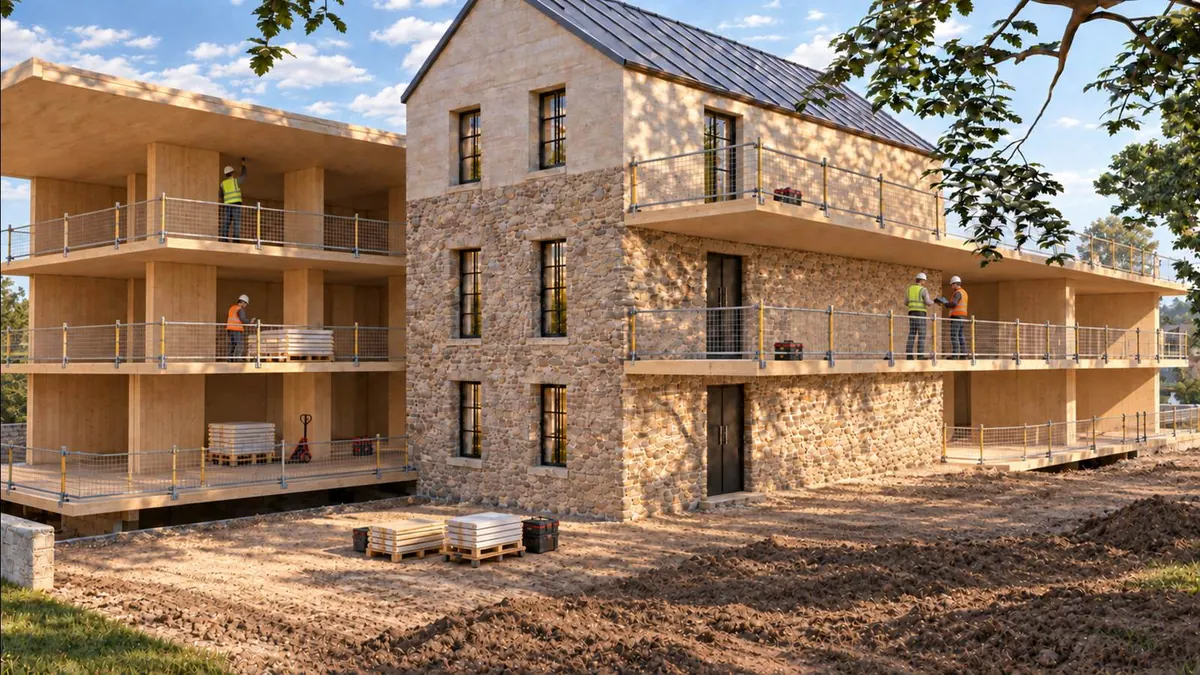 Der Bau im Rohzustand: Decken und Stützen aus Brettsperrholz stehen am Bruchsteinbau, auf den Ebenen arbeiten Leute, davor die Baustelle.