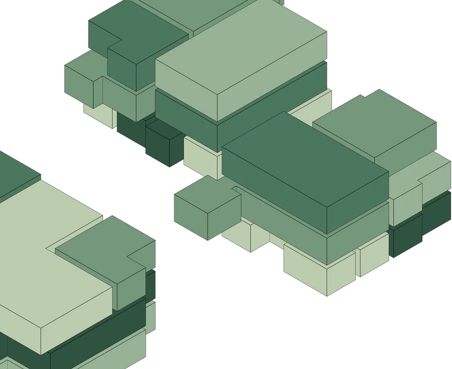 Schema in Schrägansicht: die Einheiten des Hauses als ineinander geschobene Körper in hellem und dunklem Grün, aus der Nähe gesehen.